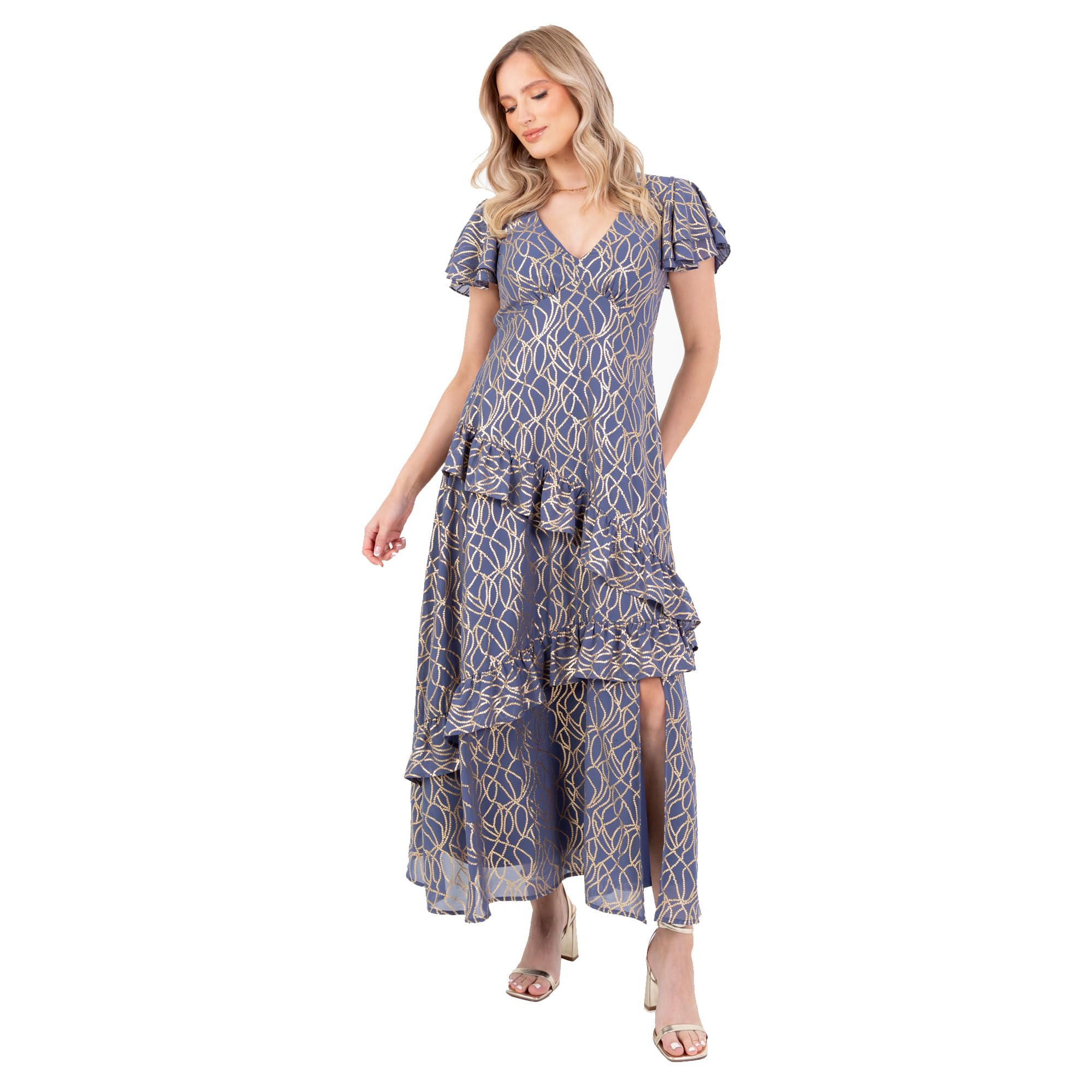Lovedrobe Women's Midaxi Dress Ladies V-Neck Flutter Sleeve A-line Gold Detail Tiered Asymmetric Ruffle Frill Leg Split Evening, Blue 24