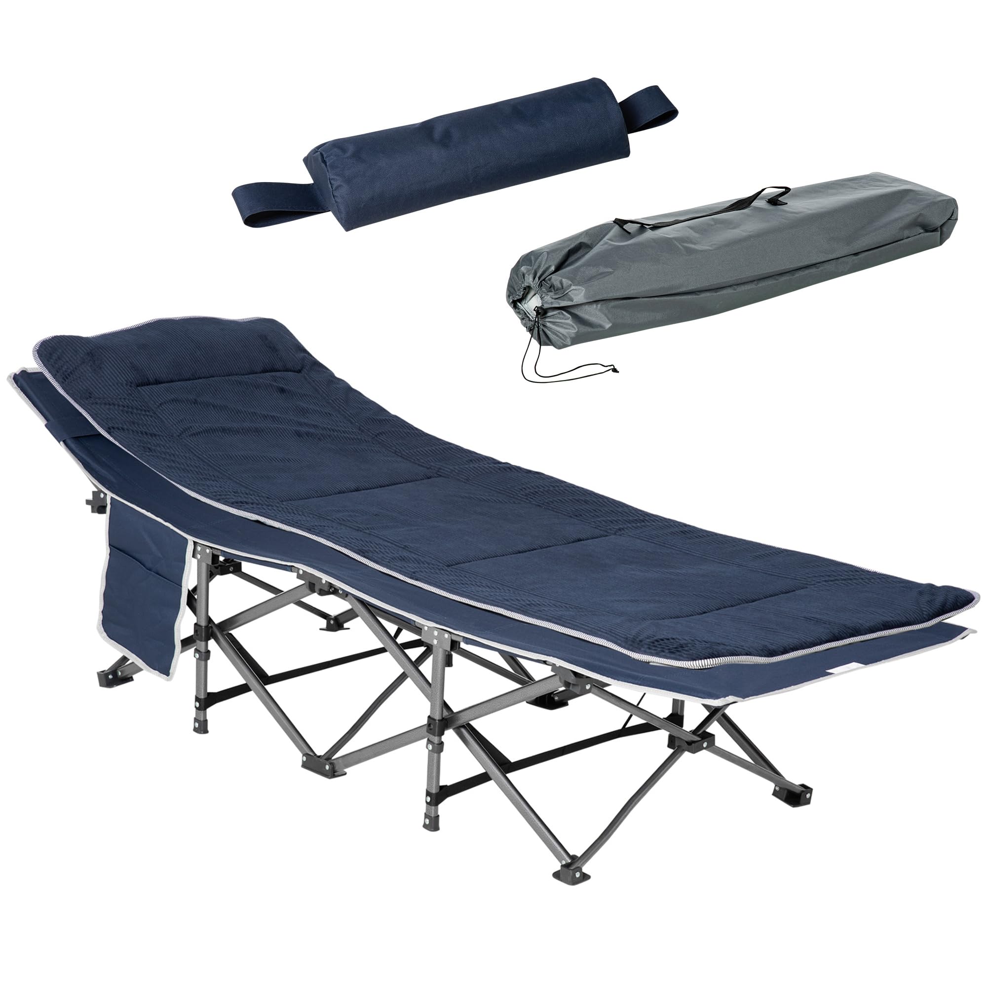 Outsunny Lit de camping pliable Lit de camp pliable avec oreiller Poche latérale Matelas Lit d'invité pouvant supporter jusqu'à 150 kg Voyage Outdoor Oxford bleu foncé 188 x 64,5 x 53 cm