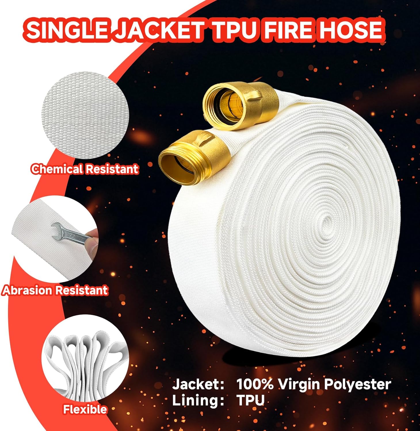 Fire Hose 1-1/2" ID x 100 ft Single Jacket TPU, Featuring M × F NST/NH Brass Couplings and Fire Hose Nozzle, 750 PSI Burst Pressure (100 ft)