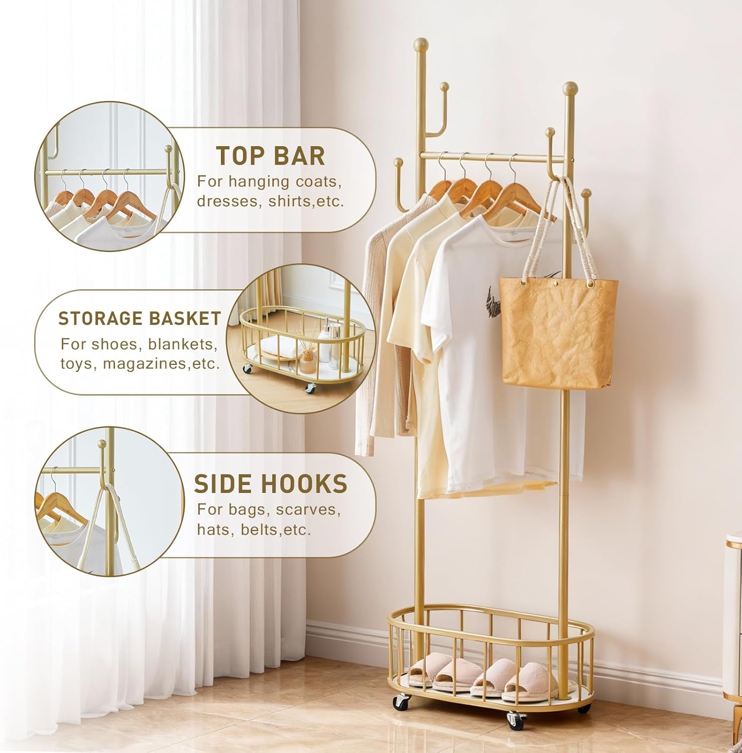 Metal Clothing Rack with Wheels, Rolling Clothes Rack for Hanging Clothes, Sturdy Standing Garment Rack with Storage Shelf and 4 Hooks, Clothes Hanger Rack for Bedroom, Closet, Living-room
