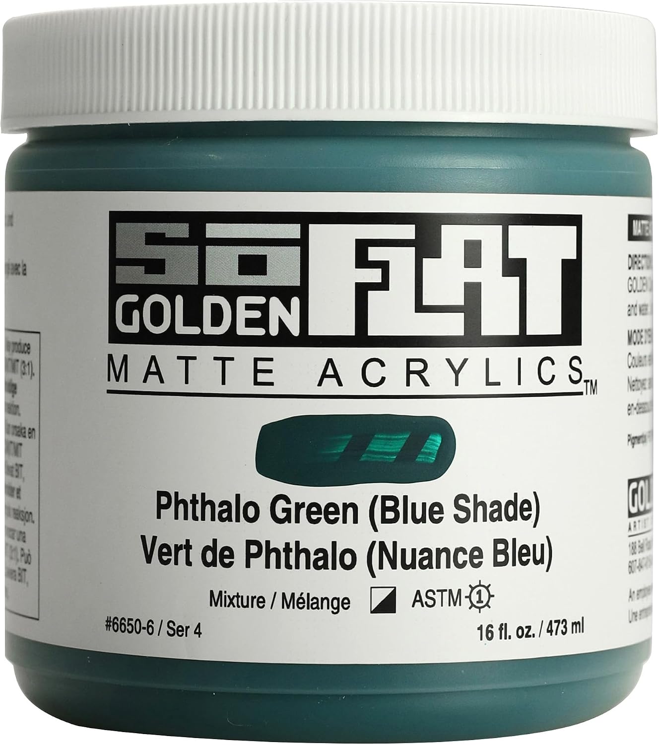 GOLDEN SoFlat Matte Acrylics, Phthalo Green (Blue Shade), 16 fl. oz. Jar, Professional Acrylic Paint, Semi-Opaque