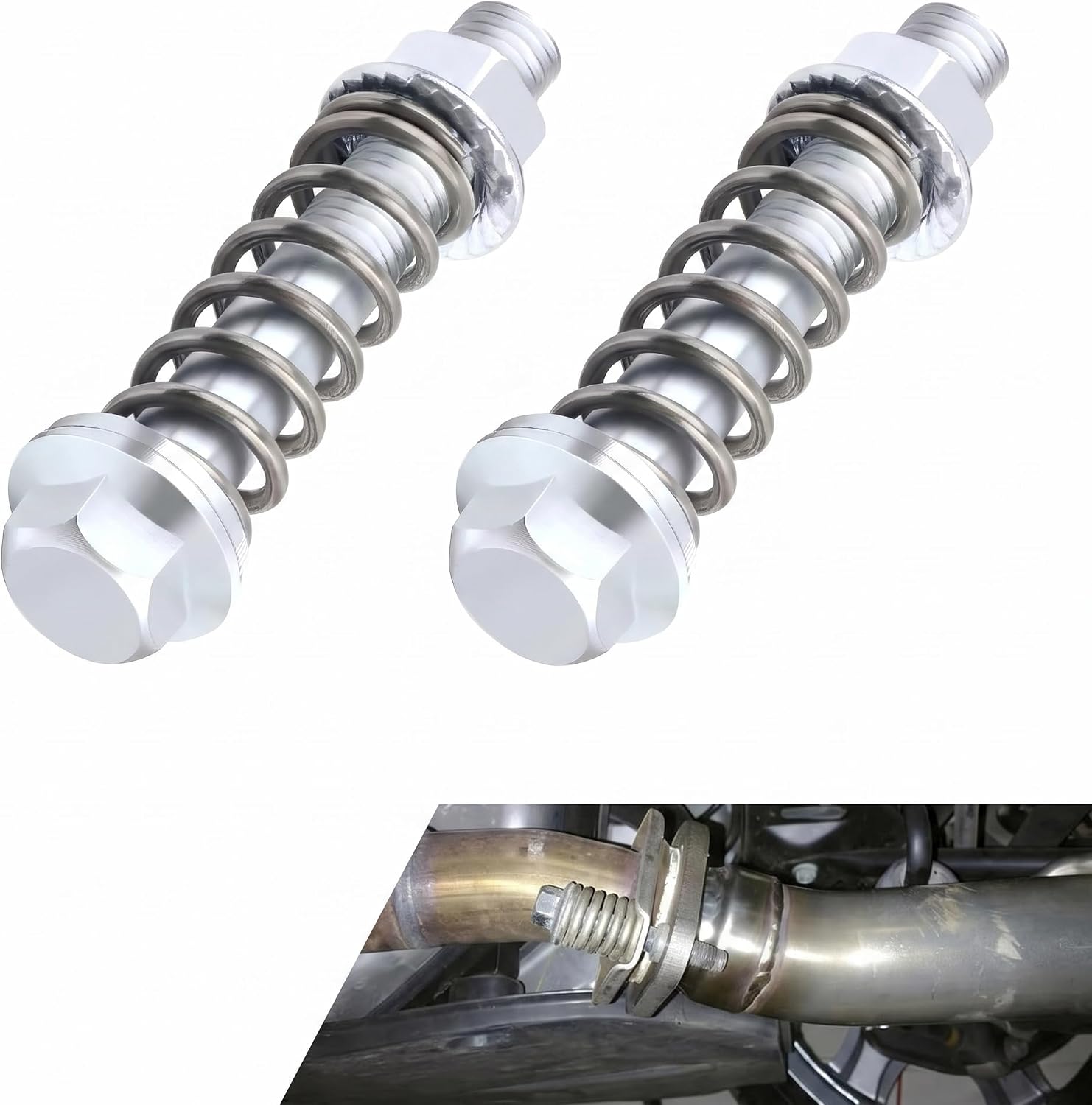 2 PCS Car Exhaust Flange Bolts, M10x1.5mm Steel Rust-resistant Exhaust Manifold Bolts Kit with Springs, High Temperature Resistant Exhaust Manifold Hardware, for Cars Trucks SUVs (Silver)