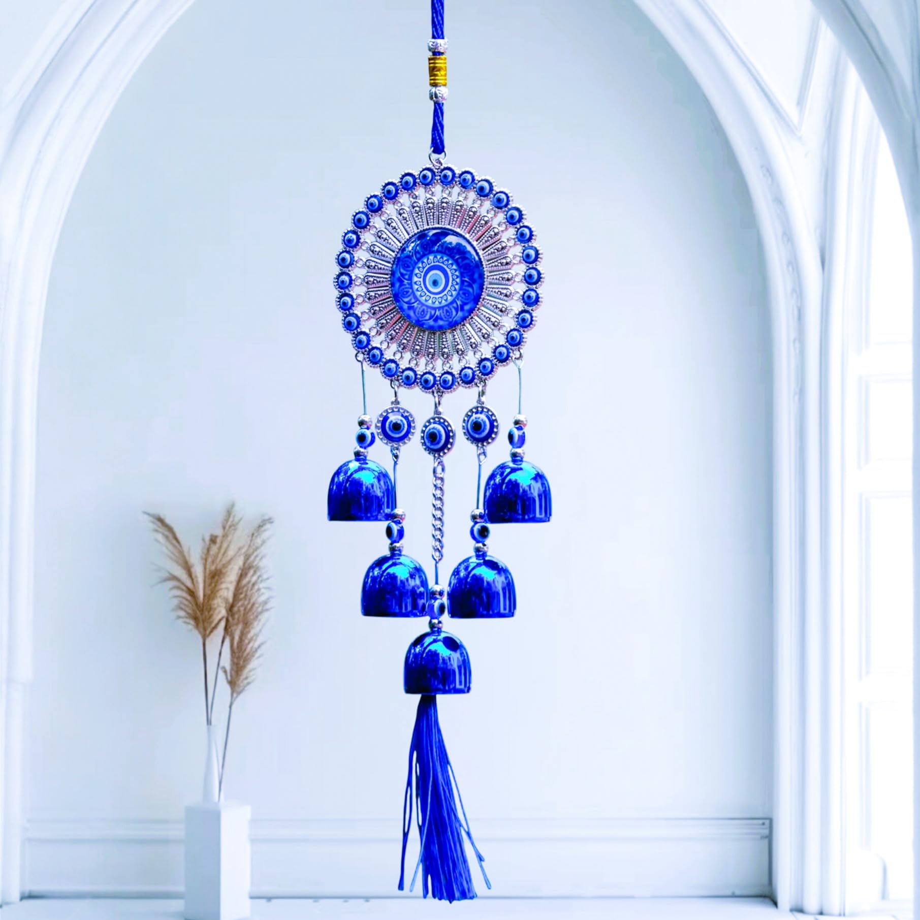 AKSHYNE Evil Eye Wind Chime with 5 Brass Bells | Natural Wood Hanging for Balcony, Living Room, Garden & Entrance | Vastu Positive Energy Decor | Ideal for Housewarming & Diwali Gift | Turkish Blue-image-31