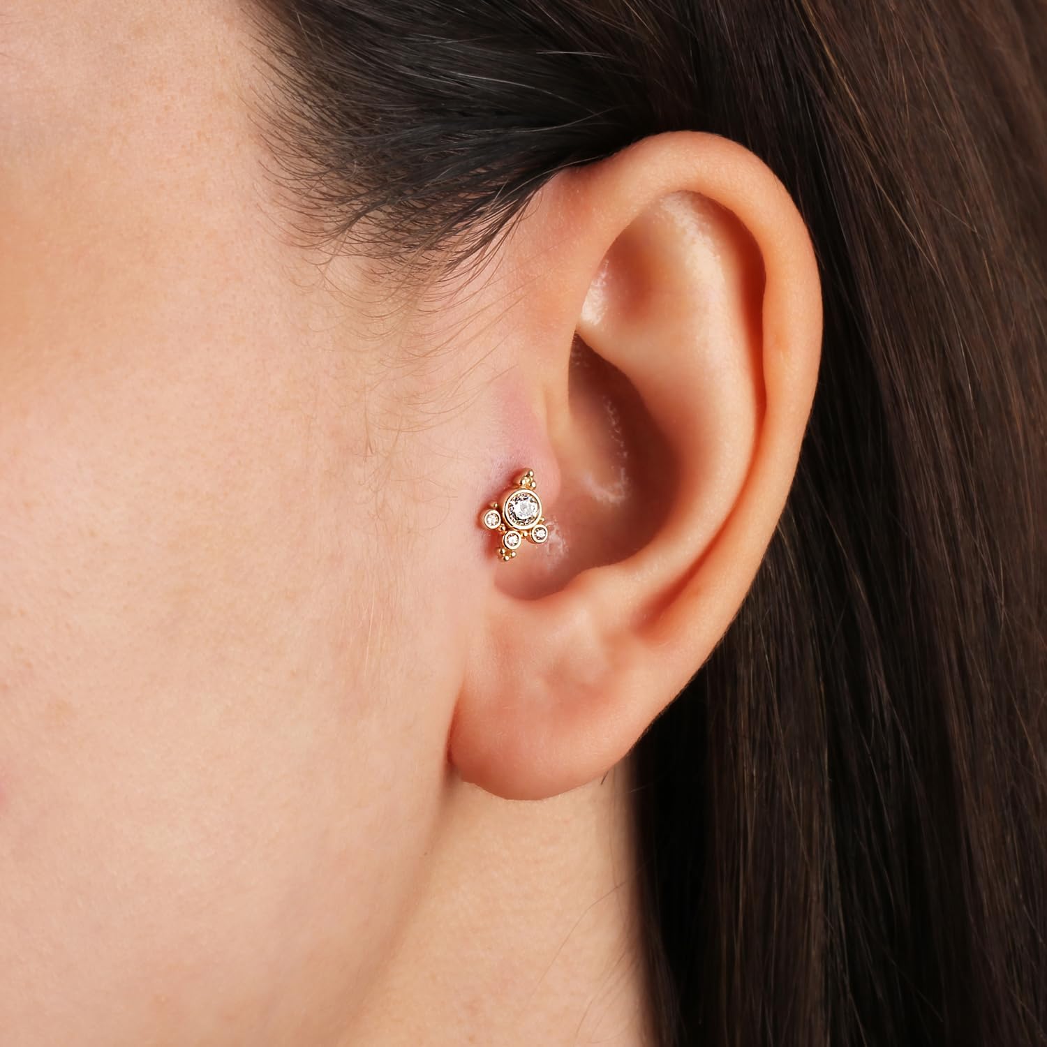 Labret Cartilage Piercing Earring With Zircons - 14K Solid Yellow Gold - For Helix Tragus Lobe Conch Flat & Other Body Piercing BY KORAL JEWELRY