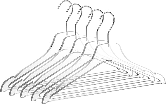 Quality Acrylic Clear Lucite Hangers 5-Pack with Bar Chrome Hooks for Clothes, Pants, Suit Jackets, Coats, and Shirts, Closet and Wardrobe Organization Chrome/Gloss Silver Hook, 5