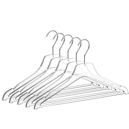 Quality Acrylic Clear Lucite Hangers 5-Pack with Bar Chrome Hooks for Clothes, Pants, Suit Jackets, Coats, and Shirts, Closet and Wardrobe Organization (Chrome/Gloss Silver Hook, 20)