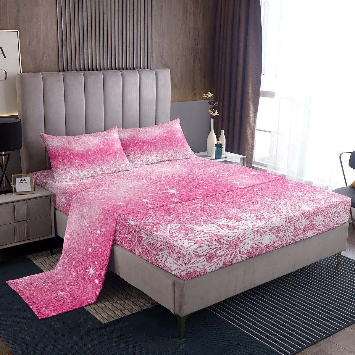 Girls Kids Christmas Bedding Set Full,Snowflake Glitter Galaxy Sheet Set 4pcs for Teens Women Home Room Decor,Pink Gradient Sparkling Deep Pocket Fitted Sheet Girly Fantasy Bed Sheet,2 Pillowcases
