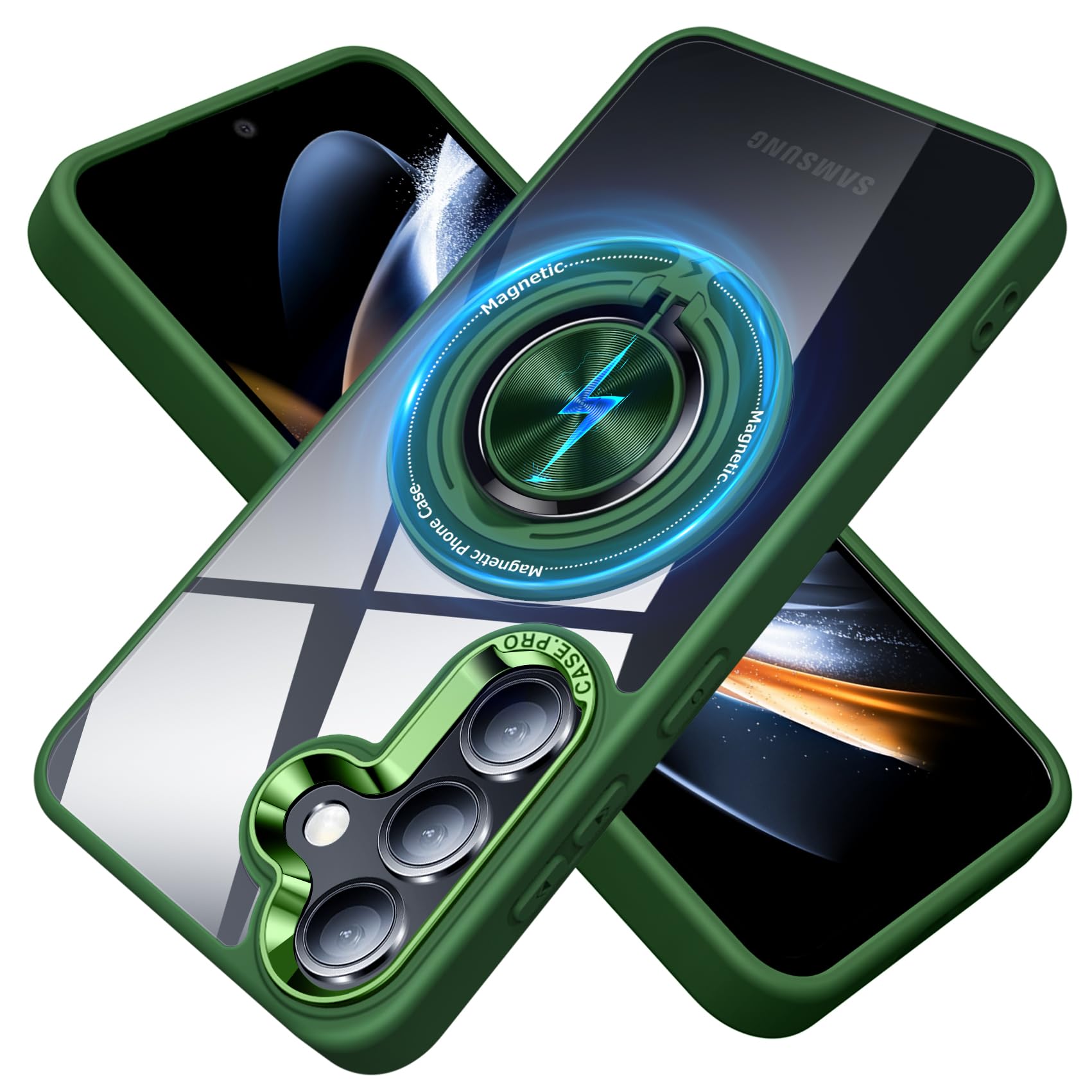 JUNAUTTB for Samsung Galaxy S24 FE Case Compatible with Magnetic,with Ring Holder,Transparent Hard PC Scratchproof Case,Bracket Phone Case 6.7inch,