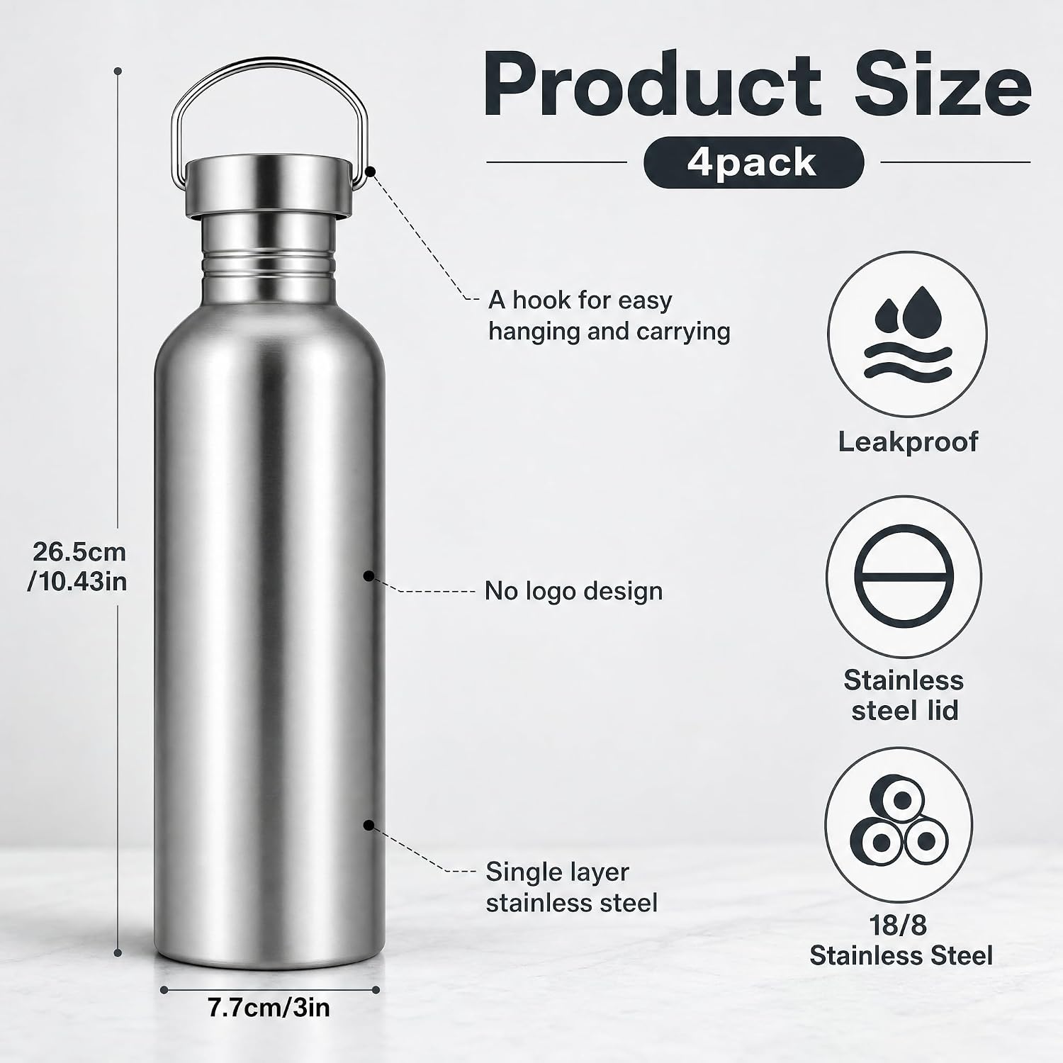 4 Pack 18/8 Stainless Steel Water Bottle, 34 OZ Uninsulated Single Walled Sports Water Bottle Metal Sports Kettle with Handle for Runners Hikers Cyclists Camping Picnic