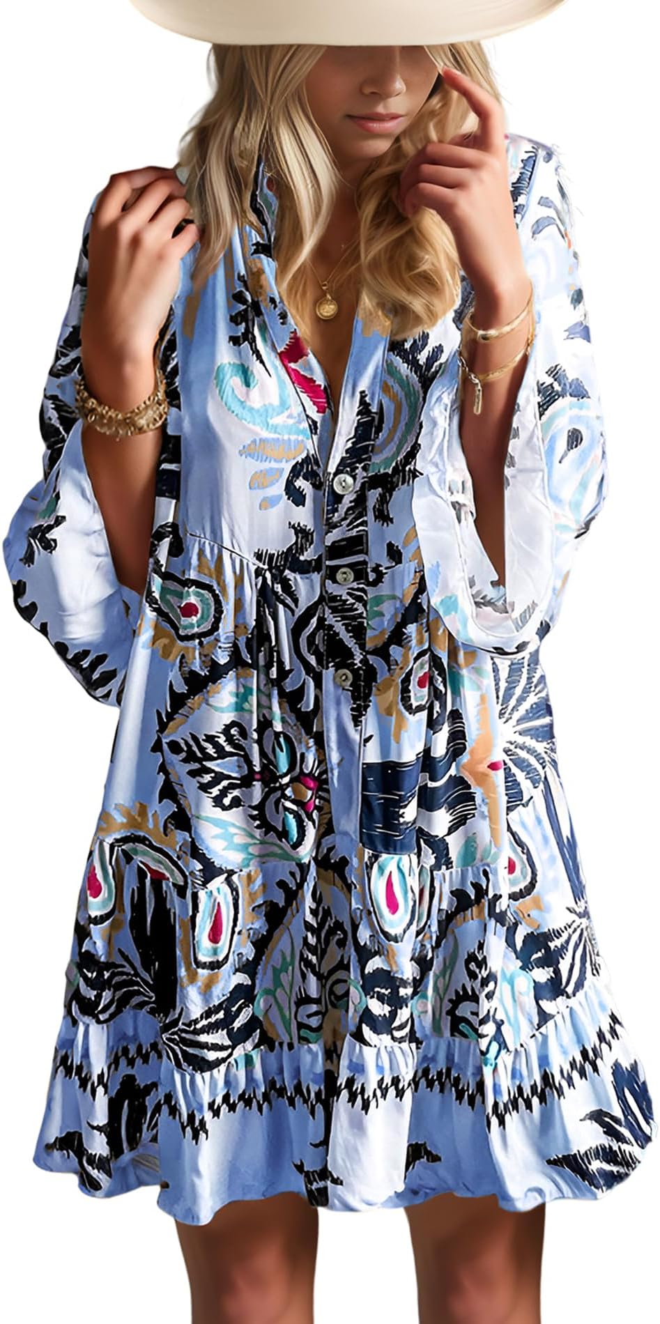 Opemiby Summer Dresses for Women 2026 Flowy Ruffle 3/4 Sleeve V Neck Tiered Casual Babydoll Boho Beach Mini Dress