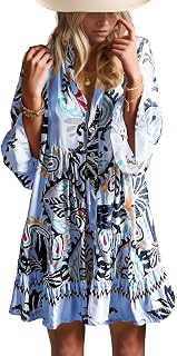 Summer Dresses for Women 2025 Flowy Ruffle 3/4 Sleeve V Neck Tiered Casual Babydoll Boho Beach Mini Dress