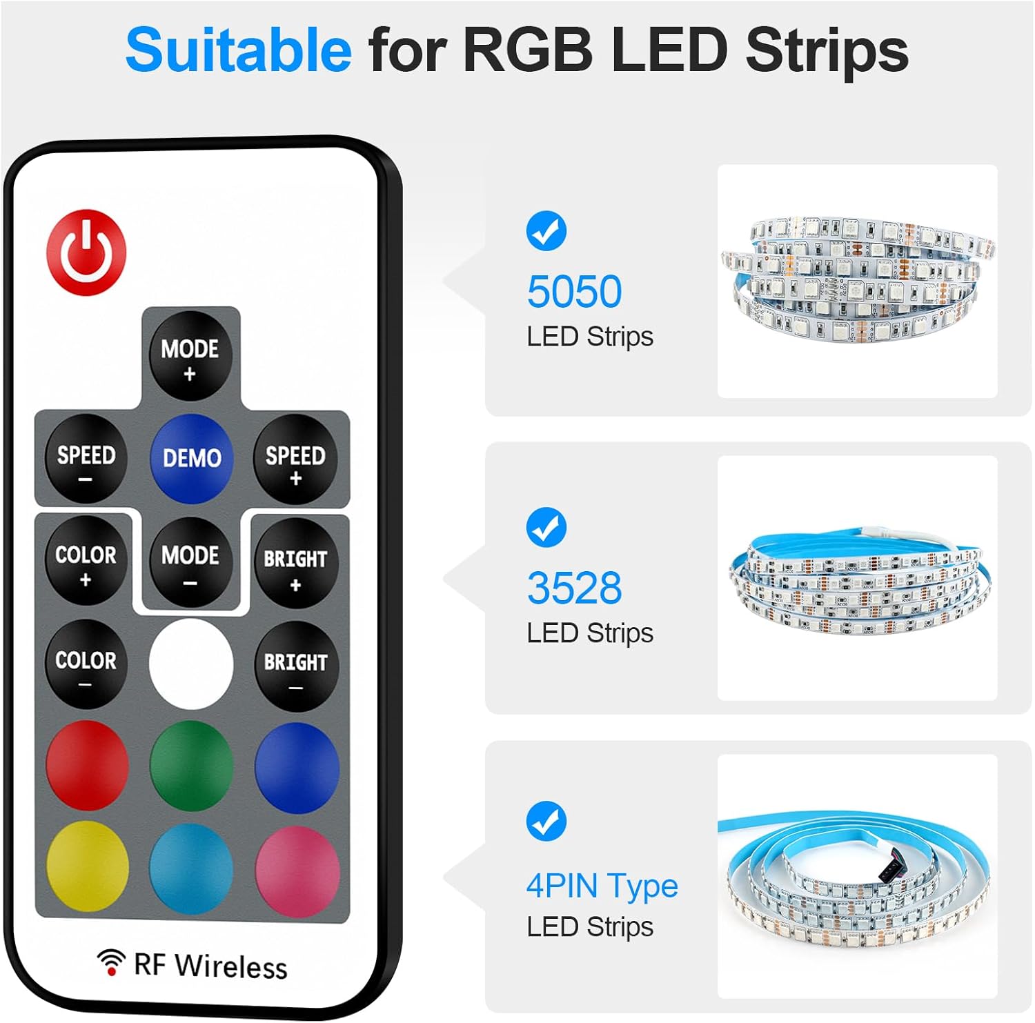 RGBZONE RF Wireless Remote LED Controller, DC 5V/12V/24V for 5050 3528 5630 LED Strip Lights, Mini 4-Pin RF LED Controller