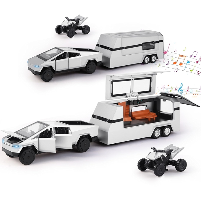 合金赛博卡车玩具模型带摩托车，带声音灯光功能，适合儿童生日圣诞礼物（银色）