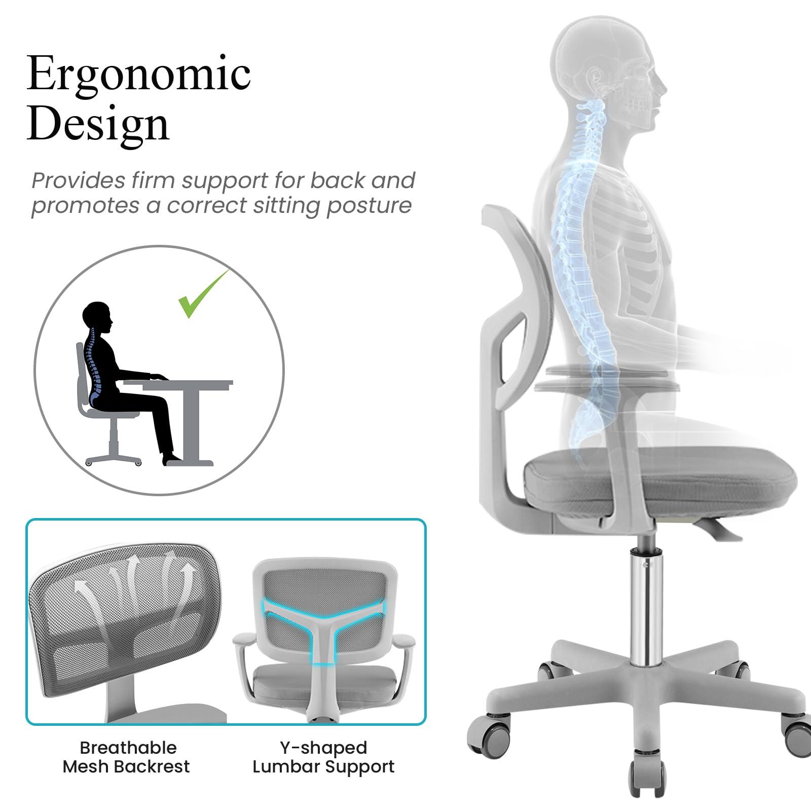 LIFEZEAL Silla de Oficina Infantil giratoria, Silla de Oficina Infantil Ajustable en Altura, sillón niño niña ergonómica con Ruedas, de 3 a 10 años, Carga 150 kg (Gris)
