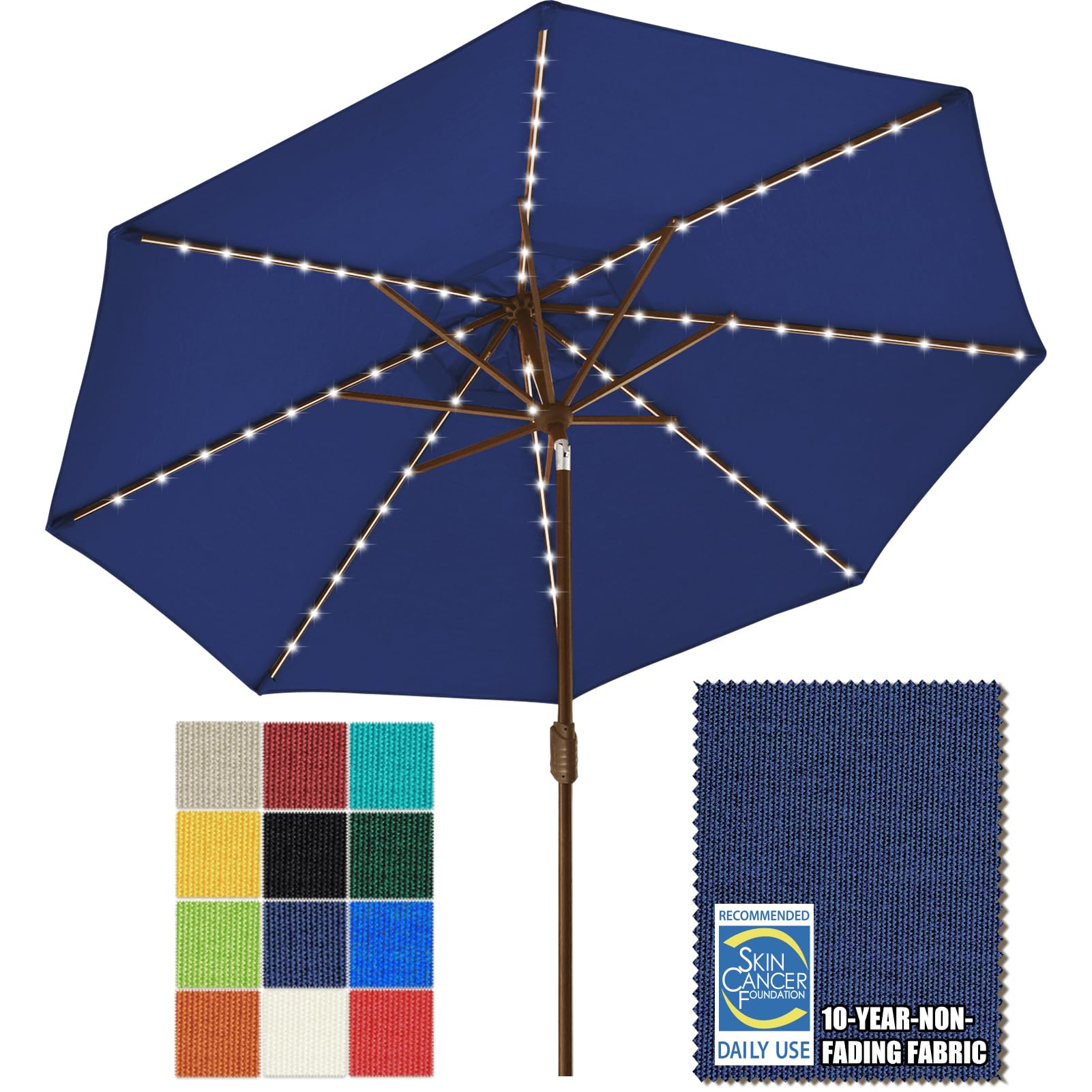 - EliteShade USA 10-Year-Non-Fading Solar 9ft Market Umbrella with 80 LED Lights Patio Umbrellas Outdoor Table Umbrella with Ventilation, Navy Blue