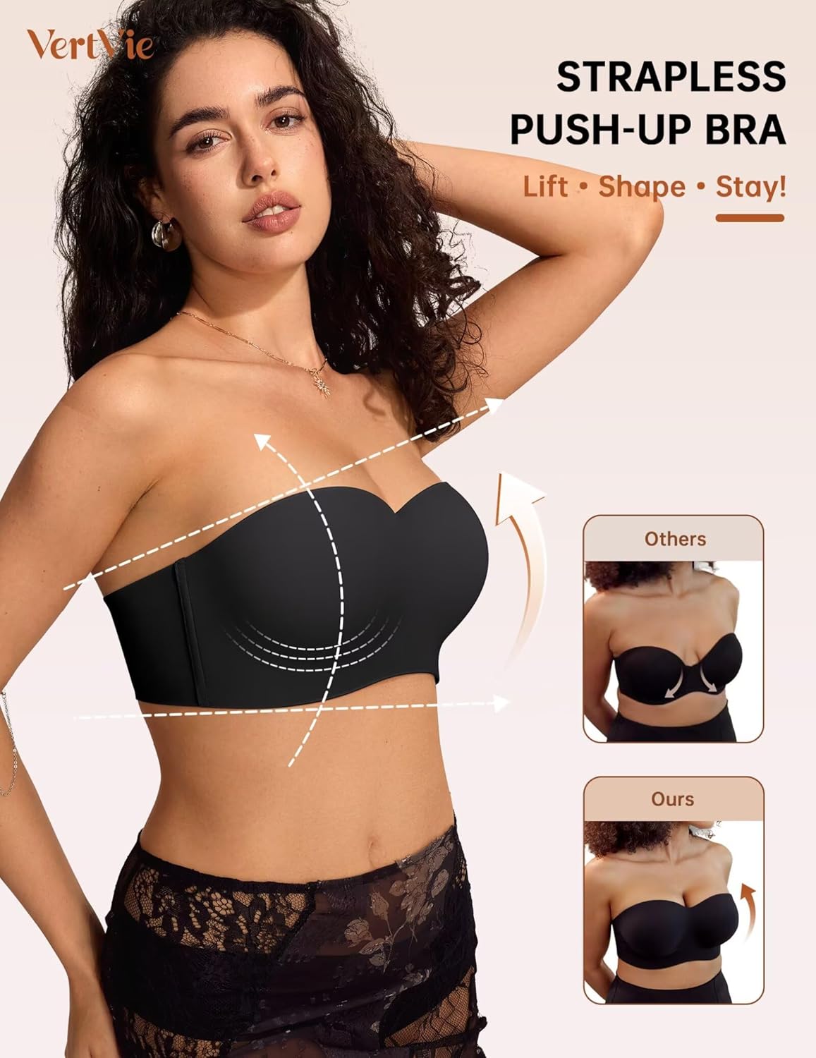 Vertvie Strapless Bras for Women Push Up Non-Slip Bandeau Bra Seamless Full Coverage Tube Top Bralette (Wireless & Underwire) - Image 2