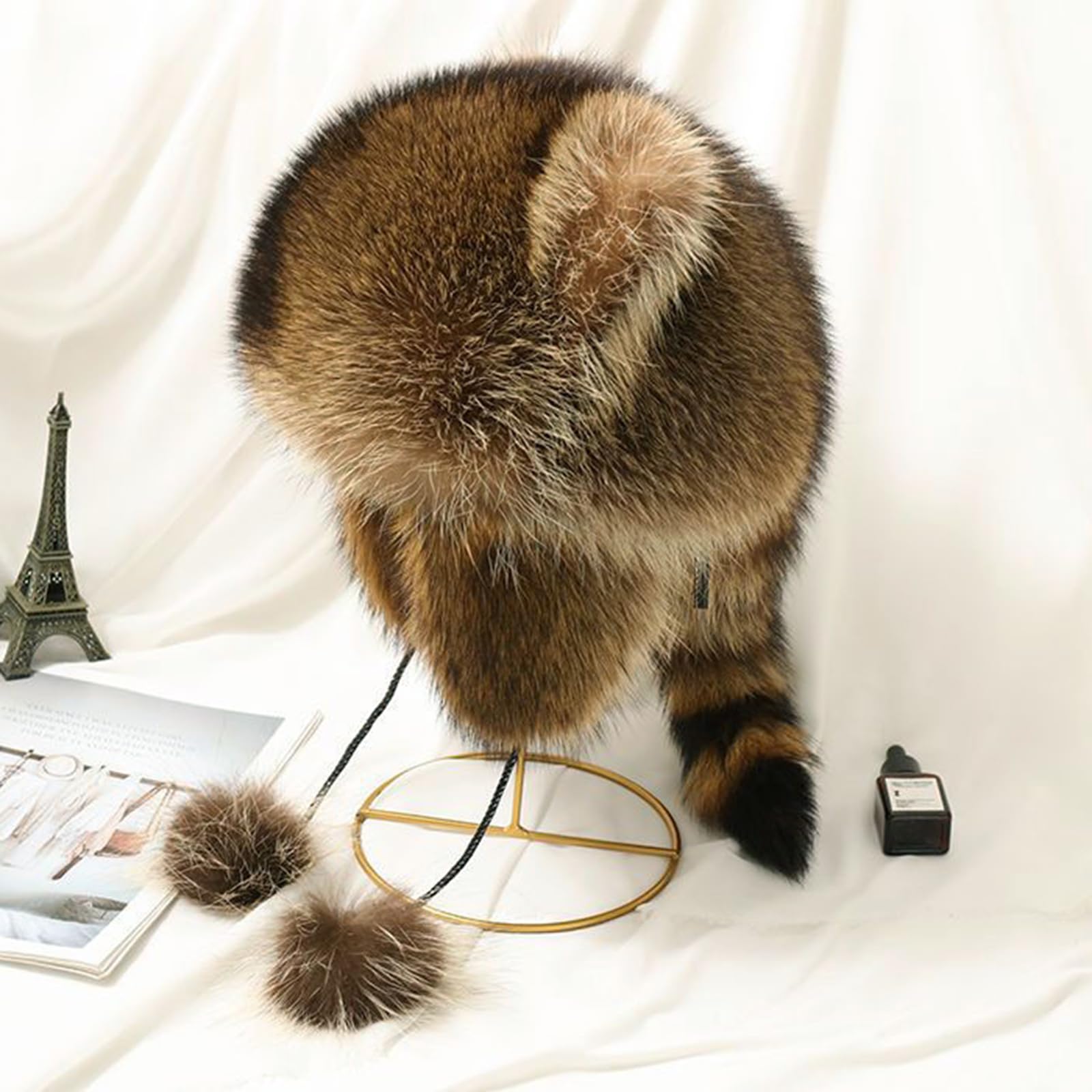 Yoawdats Faur Fur Hat for Women Cute Raccoon Tail Parent-Child Plush Hat 2024 Winter Thick Warm Teen Girls Ms Fur Hats (Brown Adult, One Size)