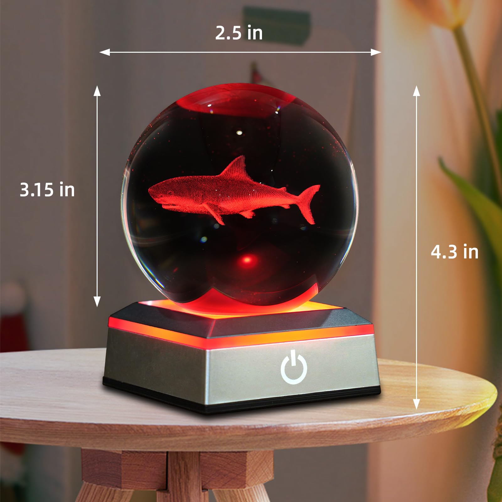 Veilleuse 3D En Forme De Requin Boule De Cristal De 8 Cm Avec Base Tactile à Changement De Couleur, Cadeau Idéal Pour Amis, Enfants, Noël, Anniversaire