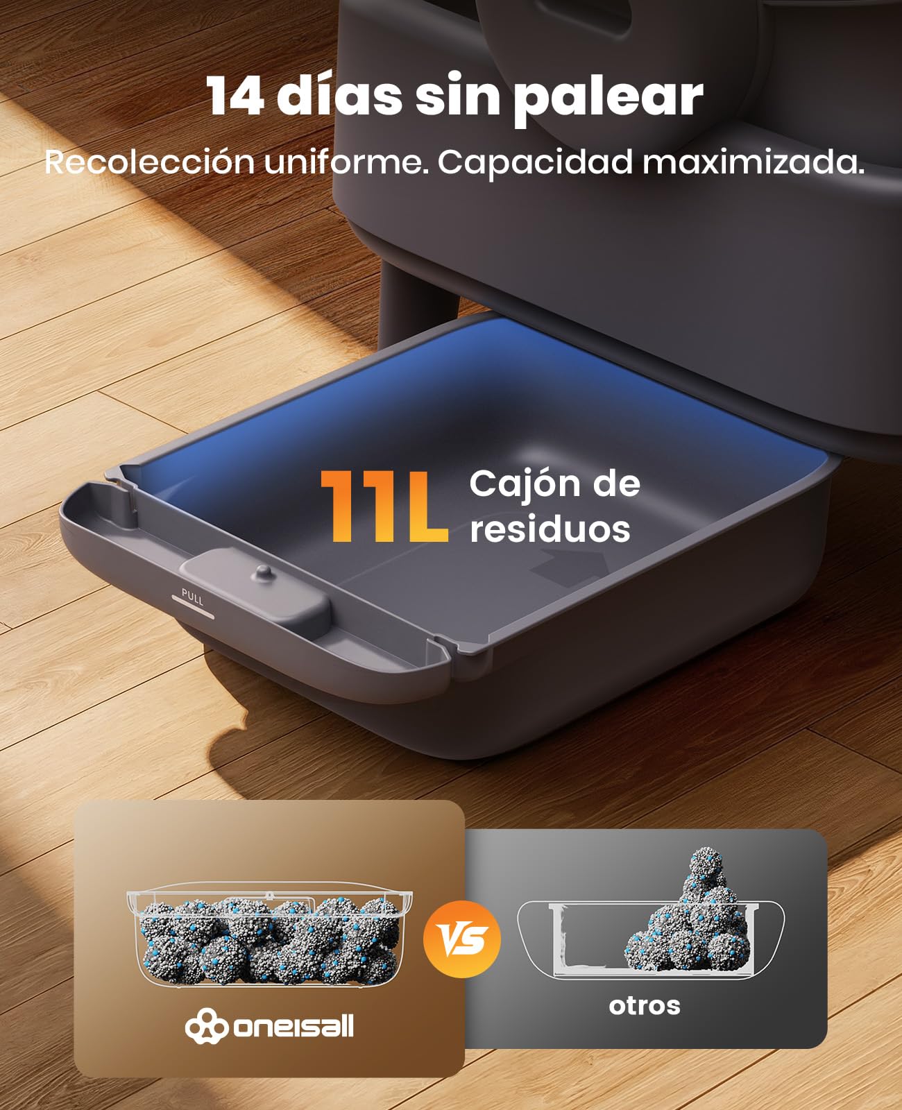 oneisall Arenero para gatos autolimpiante con sistema EaseClean™, arena autolimpiante para gatos XXL para gatos grandes, rejilla de acero inoxidable, modo automático y manual, incluye alfombrilla y 40