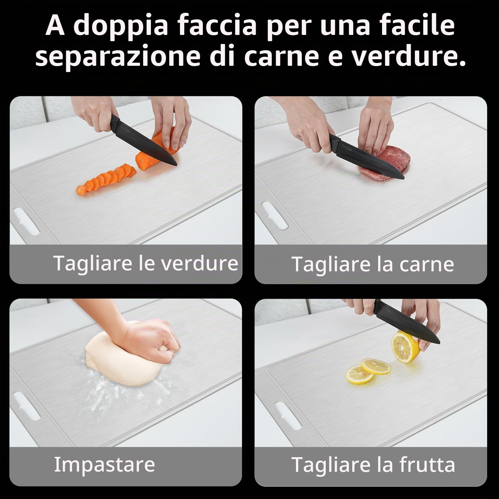Tagliere in titanio puro al 100% con scanalatura per succhi di frutta, in metallo, per alimenti, tagliere a doppia faccia per tagliare carne, verdura e frutta (titanio-XL)