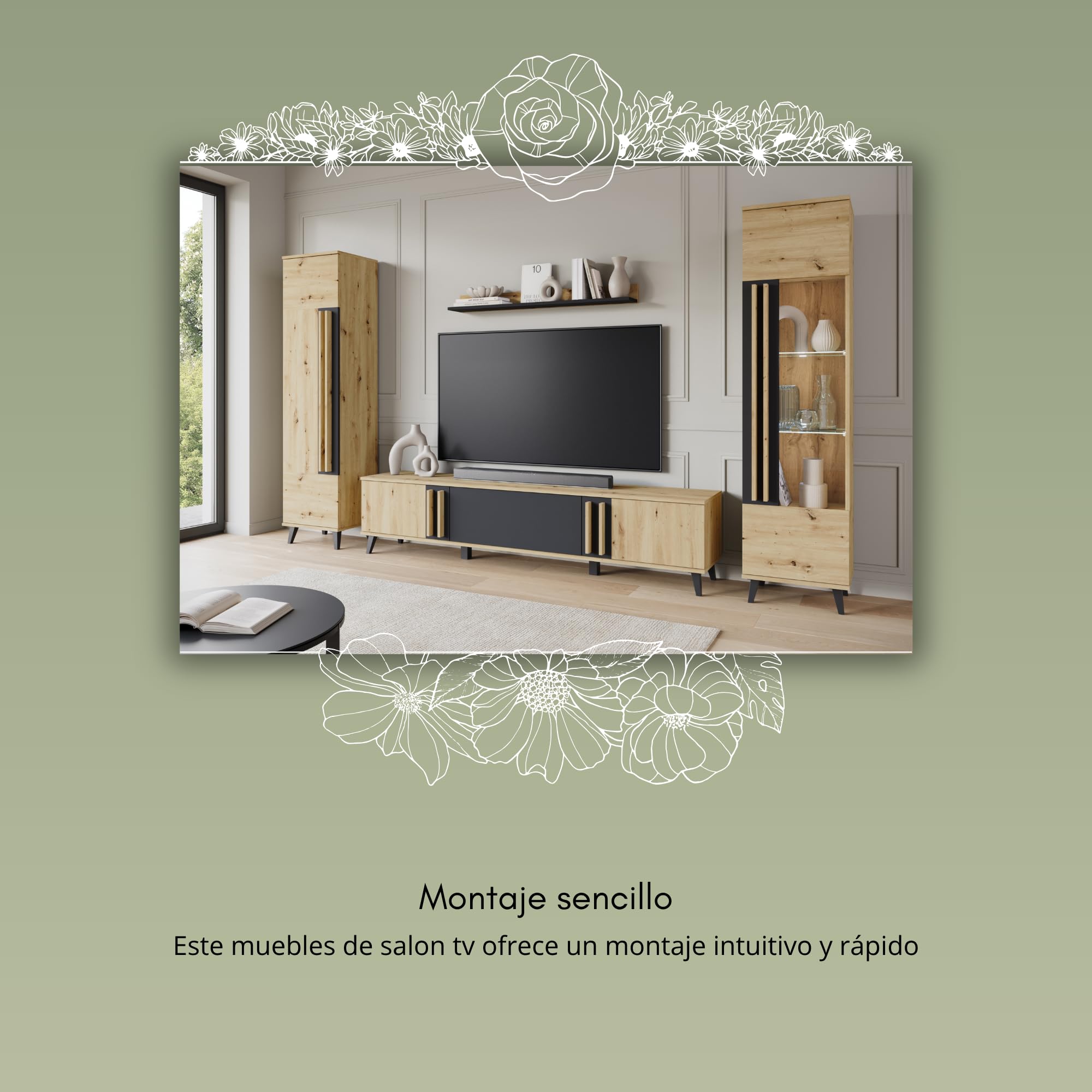Conjunto Muebles de Salon Modernos Helsinki II - Juego de Mueble TV Salon, Dos Armarios Colgantes y un Estante Colgante - Comedor Completo sin LED