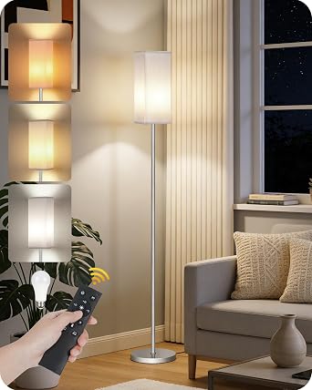 64.2Dimmable Floor Lamp for Living Room with Remote and Foot Switch, Corner Floor Lamp for Bedroom, Includes 10W A19 Bulb, Modern Standing Tall Lamp, ETL Listed, Silver and White SCW17LD05