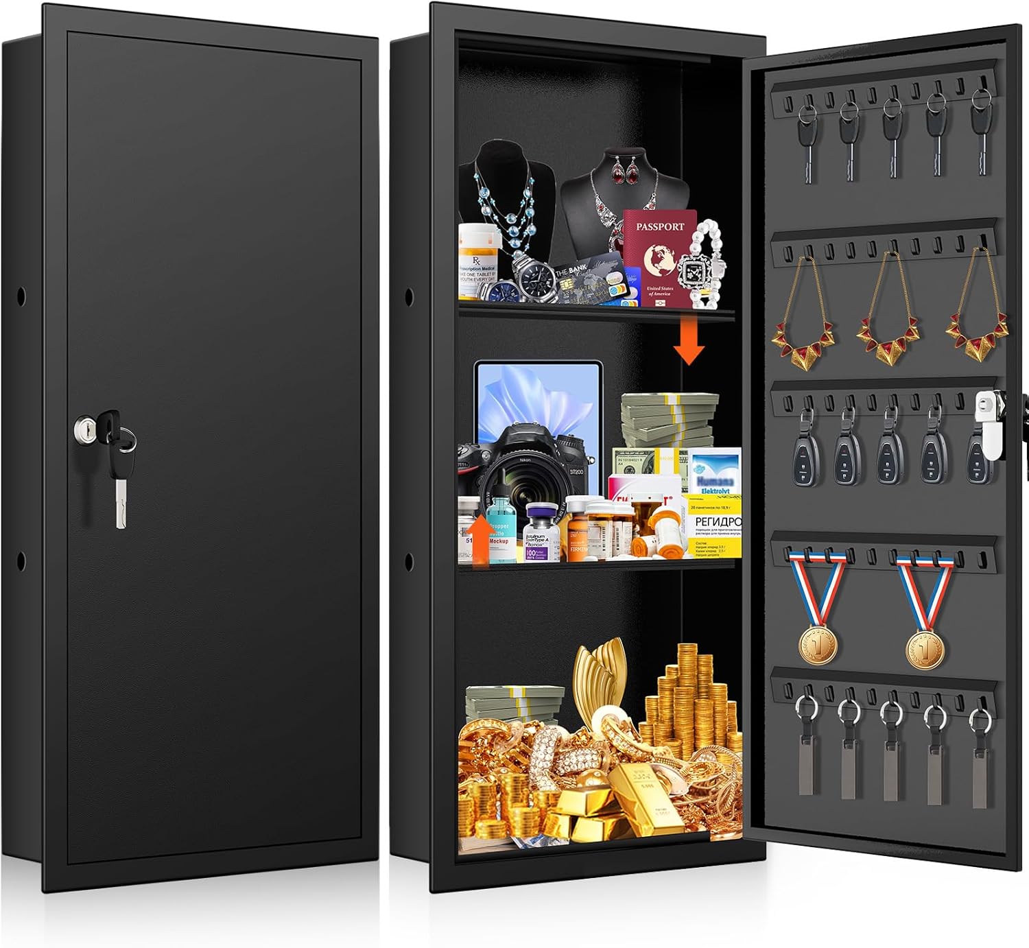 29.53" Tall Hidden In Wall Safe Between 16" Studs with 2 Removable Shelf, Lockable Wall Safes with 50 Hooks for Keys Jewellery, In-Wall Safe for Secret Storage of Money Medicines Valuables