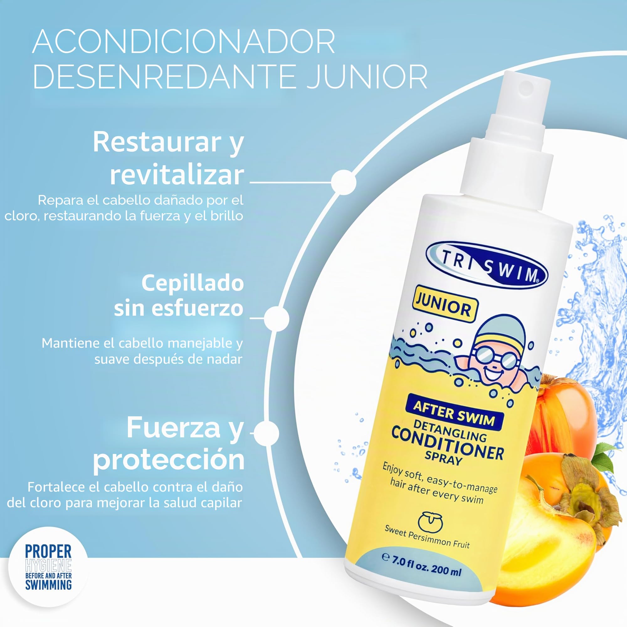 TRISWIM Junior After Swim - Acondicionador desenredante en Aerosol para niños, Protege y repara el Cabello dañado por Cloro, Productos químicos de Piscina y Agua Salada, desenredante de Cabello