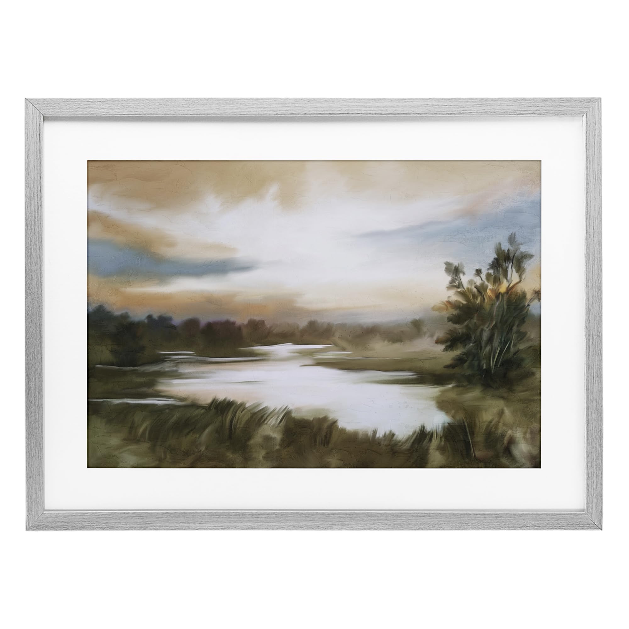 Stupell Industries Farmhouse Gray (Textured) Sunset Pond Countryside Landscape, 14 X 20 Inch Framed Print Under Glass