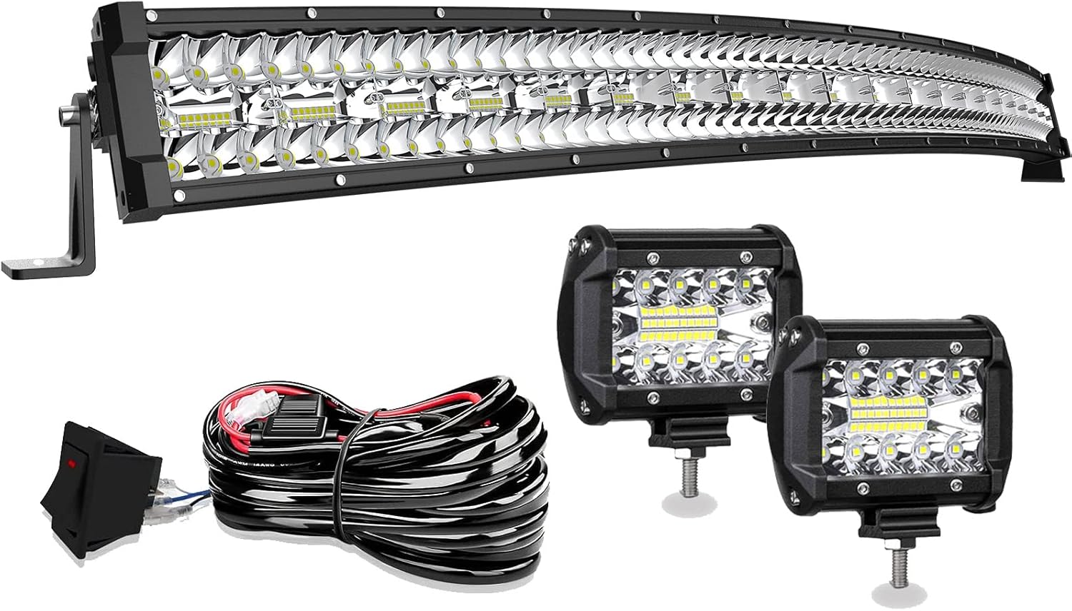 LED Light Bar T-Former 42 Inch 780W Curved Triple Row Flood Spot Combo Beam Off Road Lights 2pc 4 Inch 60W Led Pod Lights with Wiring Kit for Trucks ATV UTV Polaris Pickup Boats etc