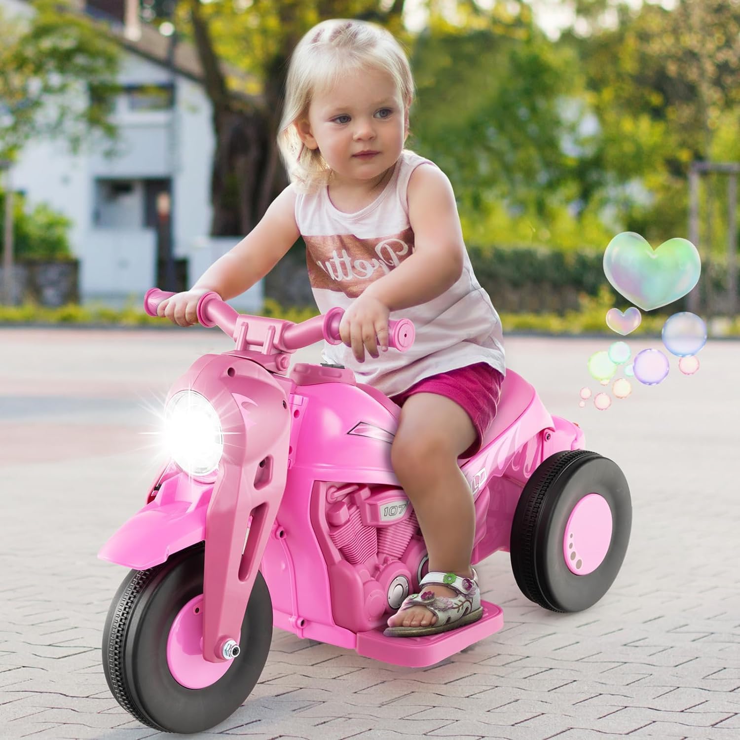 FUTADA Kids Ride On Motorcycle with Bubble Maker, 6V Battery Powered Toddler Motorcycle with LED Light, Music, Foot Pedal, Forward/Backward, 3-Wheel Electric Motorcycle Gift for Boys & Girls (Pink)