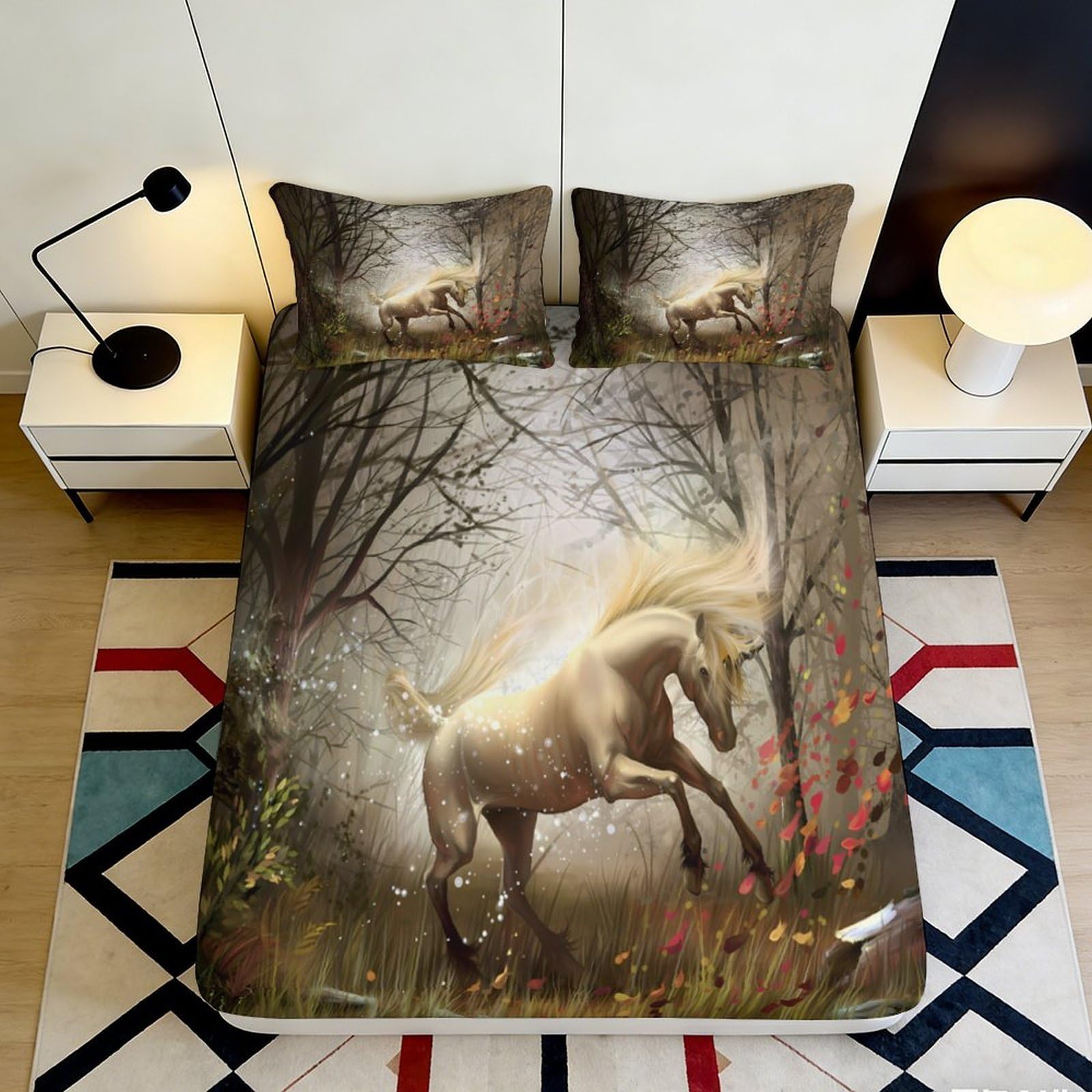 3D Printed Fantasy Unicorn Fitted Sheet Microfiber Non-Slip Mattress Cover for Bedroom Dorm Room, Washable Decor, Beige Forest Pattern 160x200x25cm