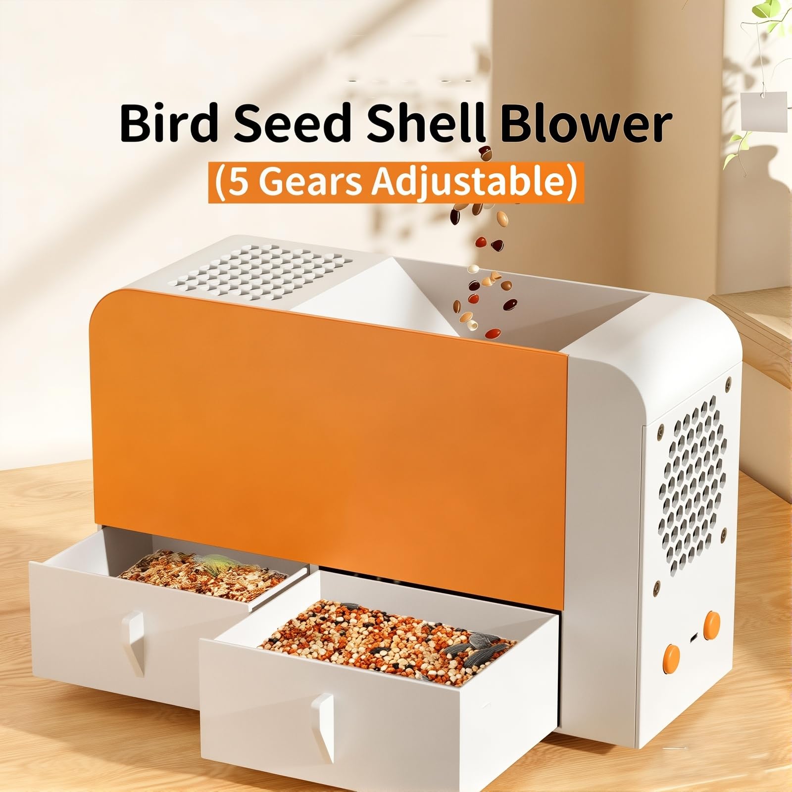 Limpiador eléctrico de semillas de pájaros, máquina Winnower de grano con 2 cajones y almacenamiento de 10 cm, 5 velocidades de viento ajustables, recargable y lavable para alimentos para pájaros