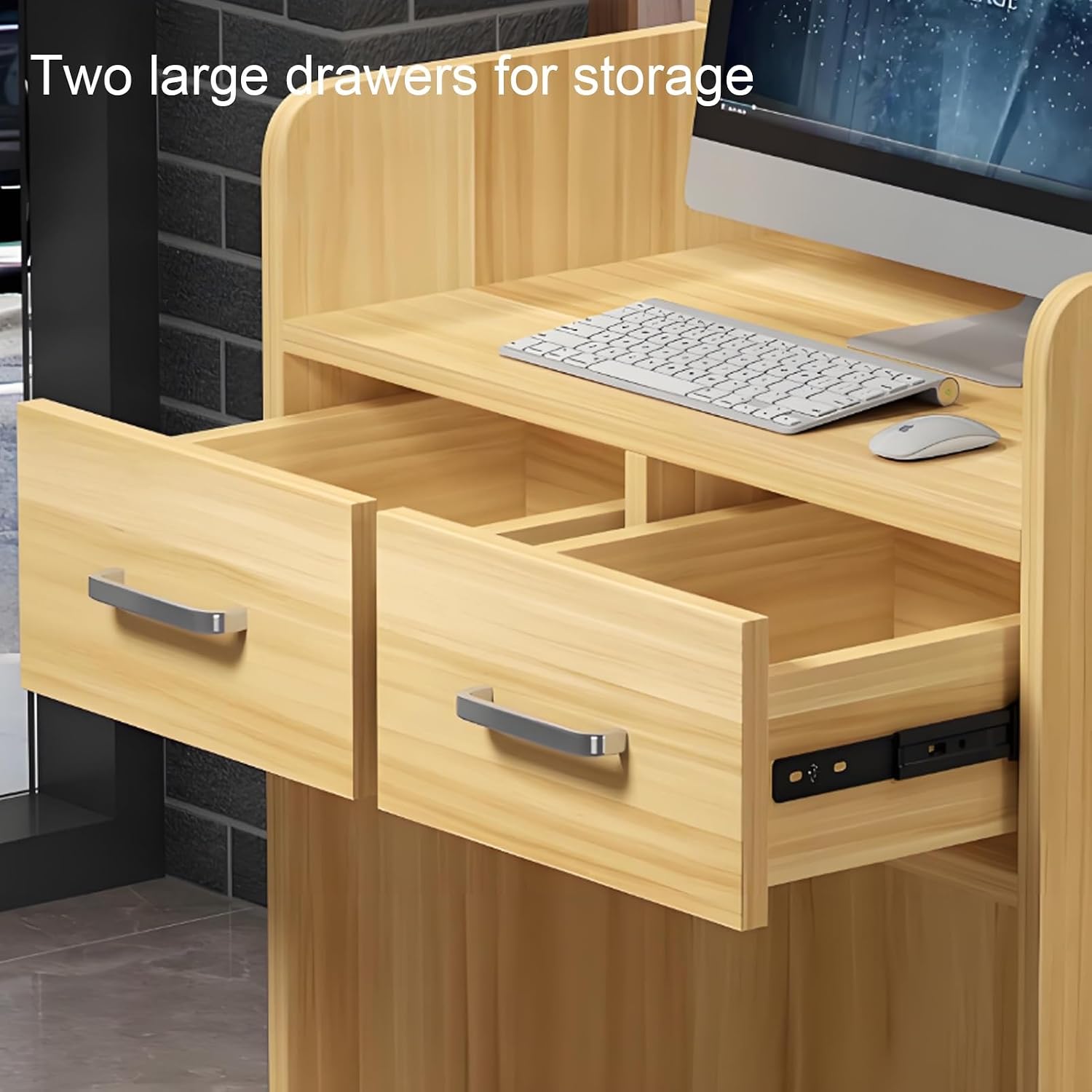 Small Reception Desk, Front Desk, Checkout Counter, Reception Table with 2 Drawers, Minimalist Compact Front Desk Reception Counter, Retail Counter with LED Light(Teca,60cm/23.6in)
