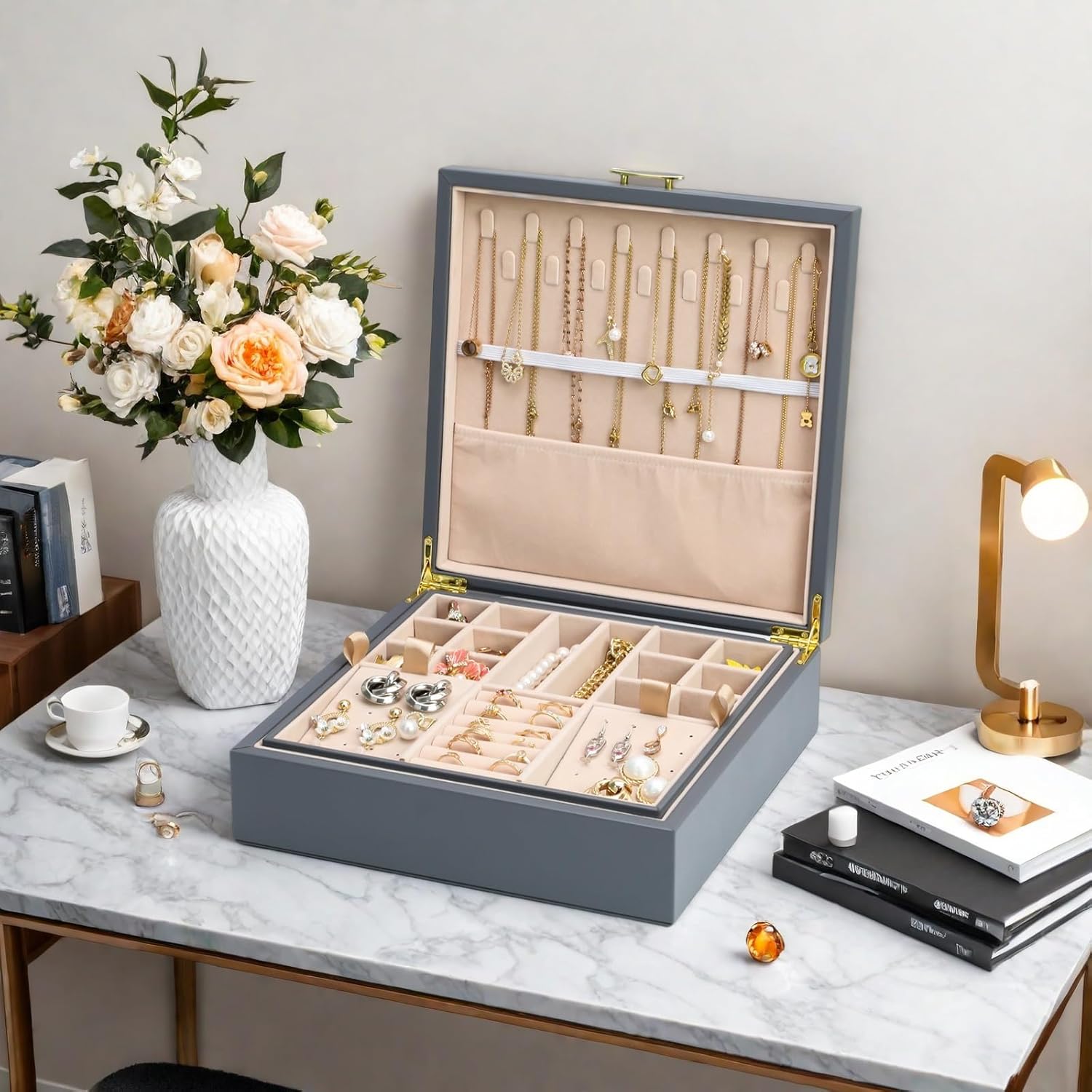 2-layer jewelry box，Jewelry Organizer with Handle，with hanging necklace hooks, detachable jewelry trays, suitable for storing a large amount of jewelry gift box (Large-Grey) - Image 6
