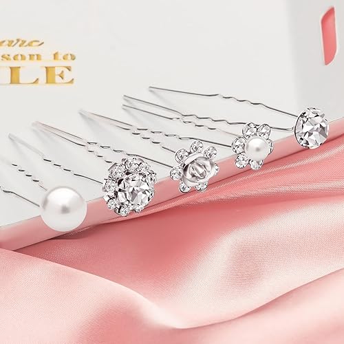 Miniatura 6 de Paquete de 40 horquillas para el pelo de perlas de boda para novia, perlas plateadas con diamantes de imitación, accesorios para decoración de