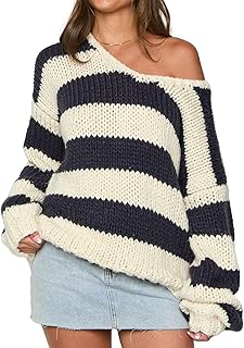 Women Striped Knit Sweaters 2025 Oversized Fall Winter Drop Shoulder Col...