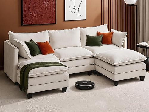 Miniatura 22 de Sofá modular de 111 pulgadas en forma de L con sofá otomano de felpilla con almohada para sala de estar, dormitorio y apartamento, 5 asientos, color