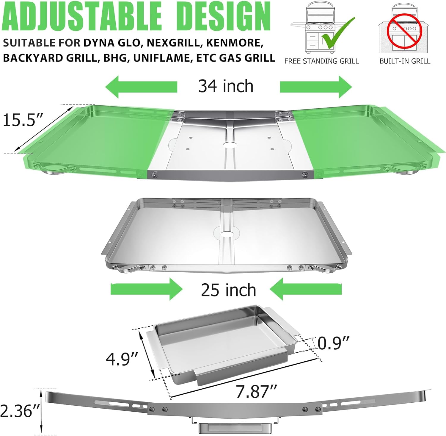 Grill Replacement Parts for Nexgrill Dyna Glo Kenmore BBQ Grill Drip Pan Adjustable Grease Tray with Catch Pan Stainless Steel Expert Grill Parts Replacement for Gas Grill 4/5/6 Burner Grill (25"-34")