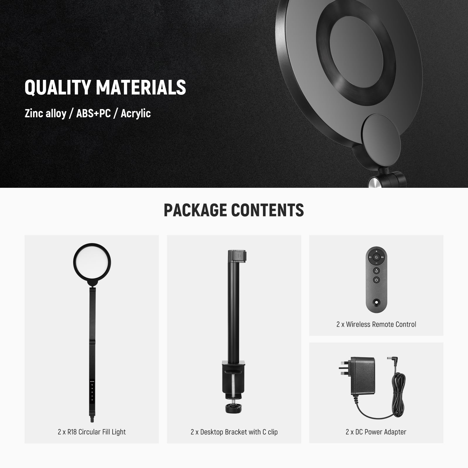 NEEWER Basics, luce ad anello da 18 W da 17,8 cm, con supporto da scrivania/morsetto a C, confezione da 2 pezzi, 3000 K-6500 K, dimmerabile, illuminazione a LED circolare per videoconferenze