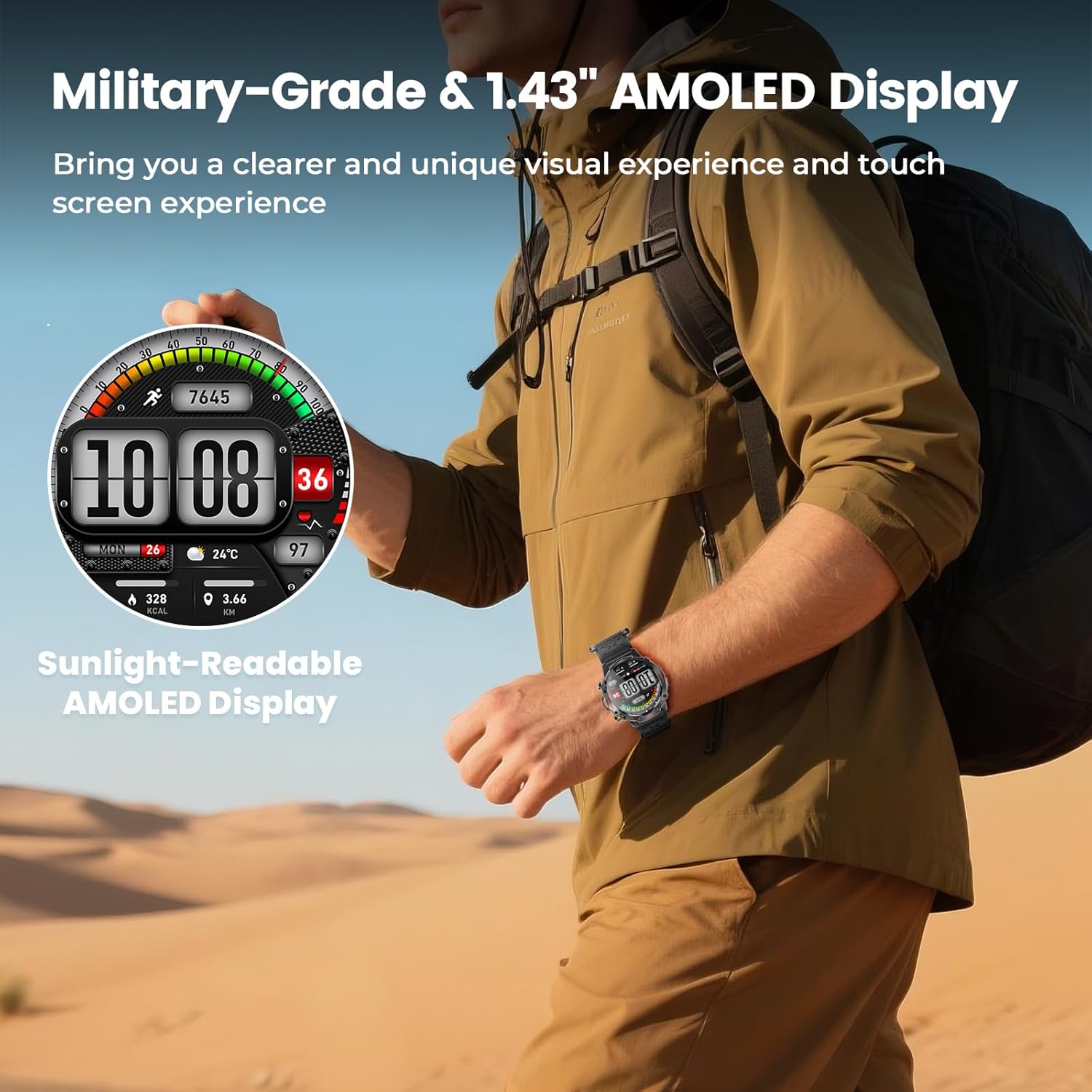 WalkerFit Military Smart Watch for Men (170+ Sports Modes), 1.43" AMOLED Rugged Watch with Bluetooth Call, 3ATM Waterproof Fitness Tracker Watch, Long Battery, for iPhone Android, Black Nylon