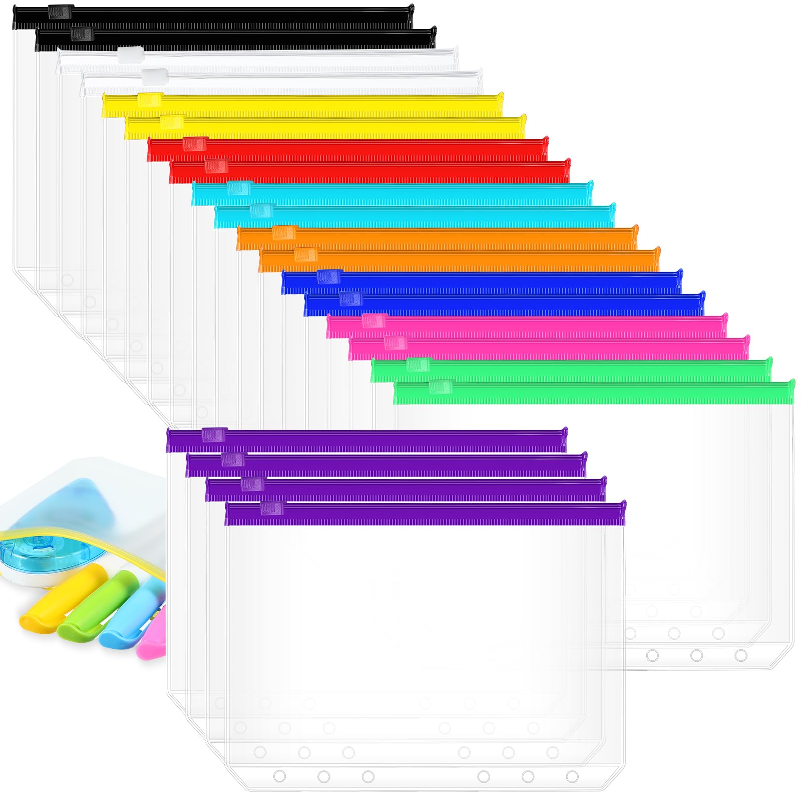 40 Pieces Binder Pockets 6 Hole Zipper Pouch 6 Ring B6 Pockets with Zipper Binder Folders Plastic Pouches Loose Leaf Bags Waterproof PVC Document