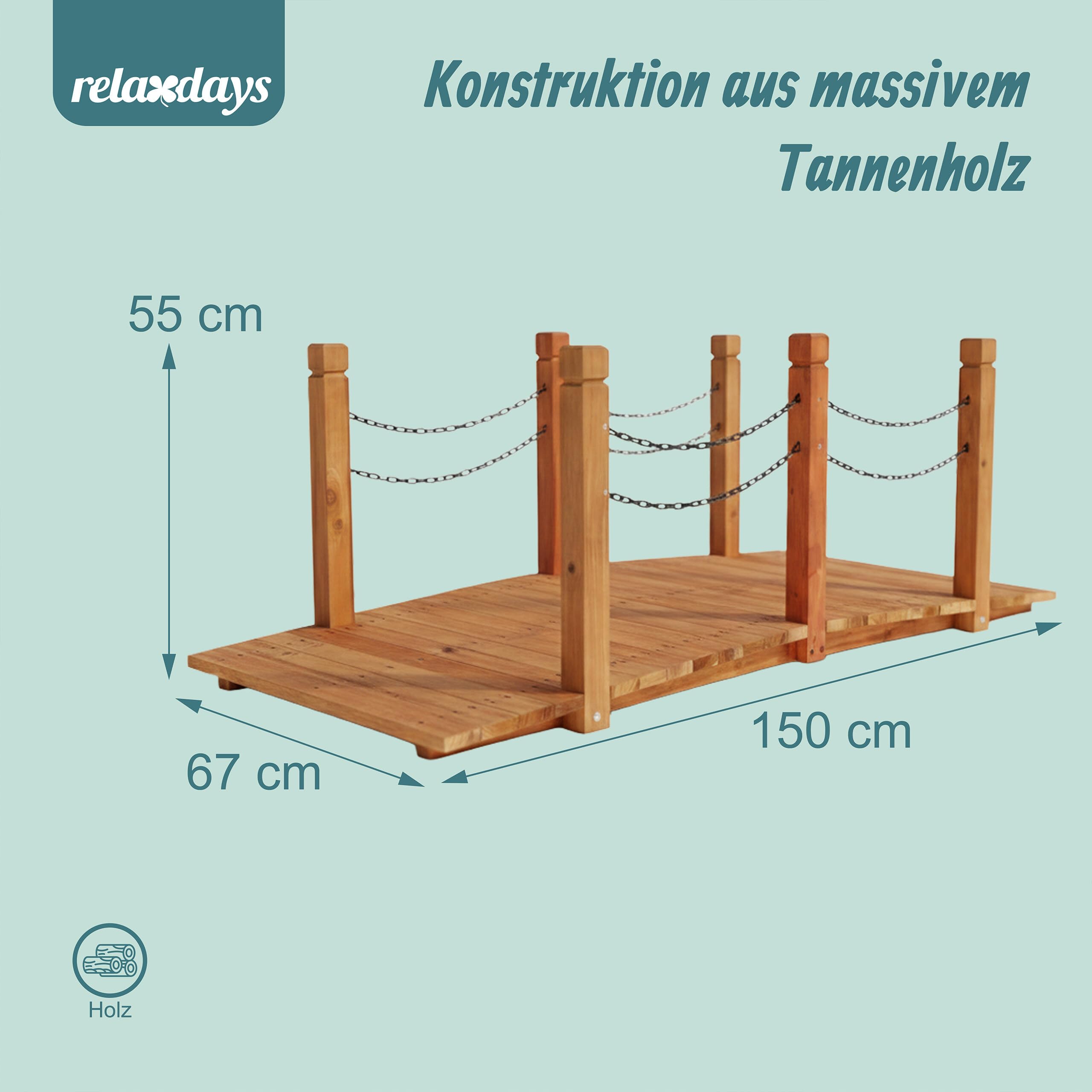 Relaxdays Garten Brücke, Pfosten mit Ketten, Tannenholz, für Gartenteich, HxBxT: 55 x 150 x 67 cm, Holzbrücke, orange