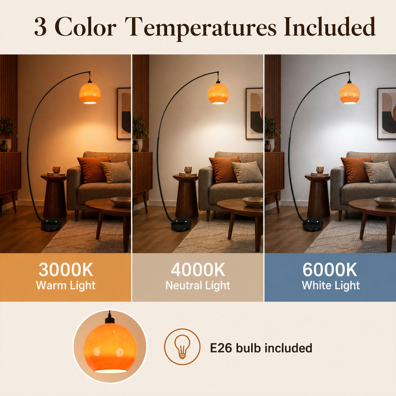 Lampada Da Terra Ad Arco Da 180 CM, Stile Mid-Century Modern, Arancione, Con Globo In Vetro, Attacco E27, 3 Temperature Di Colore, Base In Marmo, Lampada Alta Per Soggiorno E Camera Da Letto
