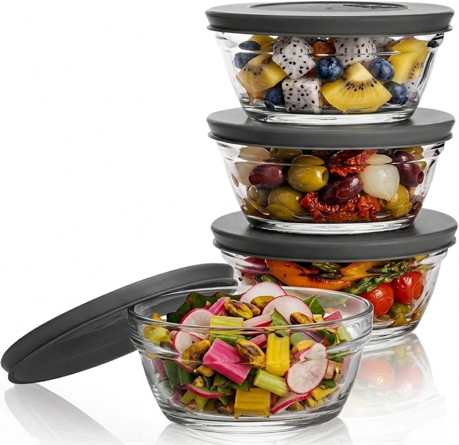 Volarium Small Glass Storage Containers with Lids, Stackable Bowls, Set of 4 (Black)