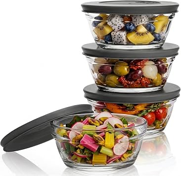 Volarium Small Glass Storage Containers with Lids, Stackable Bowls, Set of 4 Black