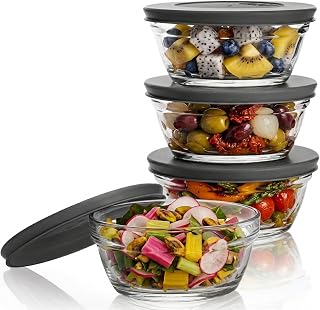 Volarium Small Glass Storage Containers with Lids, Stackable Bowls, Set of 4 (Black)