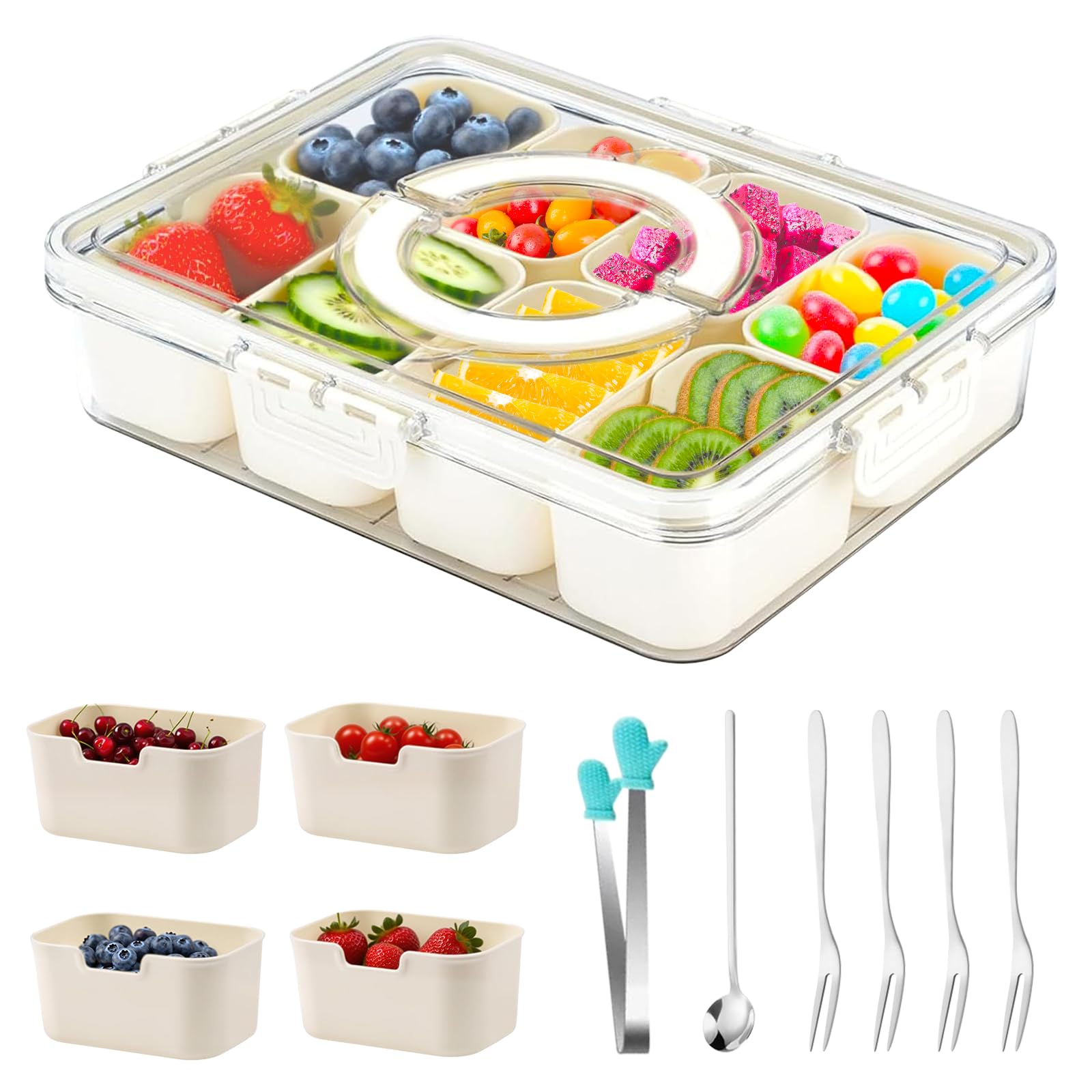 Lajasya Clear Divided Serving Tray With Lid & Handle, Snack Box With 8 Compartments, Reusable Snackle Box, Snack Tray Removable, Food Storage Container, Organizer For Veggie, Candy, Fruit, Nut