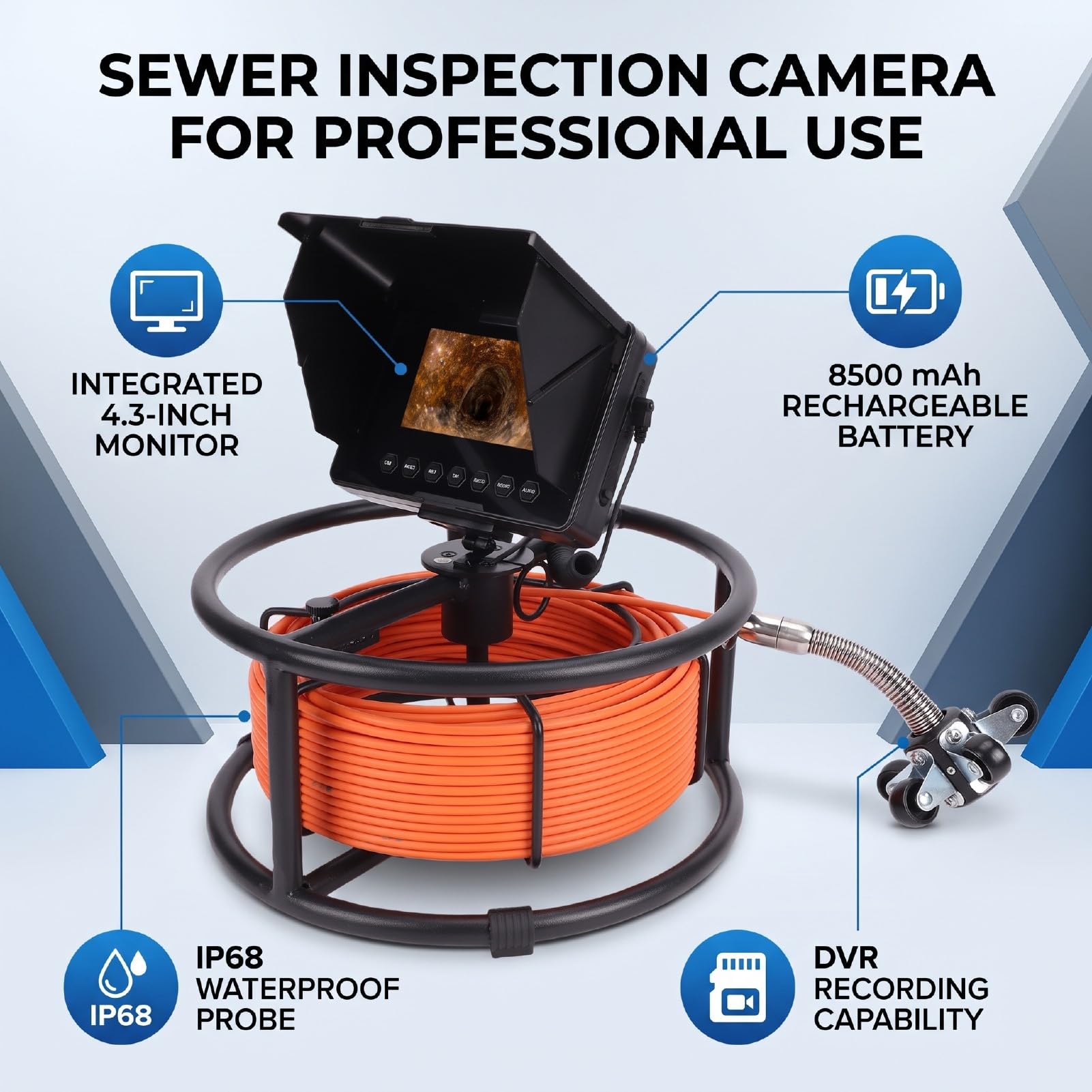 Cámara de Inspección de Alcantarillado, Grabación Industrial DVR (F2543DC23-20M-K) | Sonda a prueba de agua IP68, diámetro de 23 mm, lente gran angular de 145°, 8500 mAh, tarjeta de 32 GB, para tubería