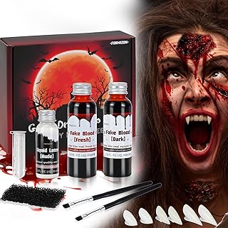 FORMIZON Kit de Sangre Falsa, 60ml Sangre Fresca Artificial, 60ml Sangre Falsa roja Oscura, 30ml Látex, Cicatrices de Heridas de Zombis Vampiro de Halloween, Maquillaje de Halloween para Zombies